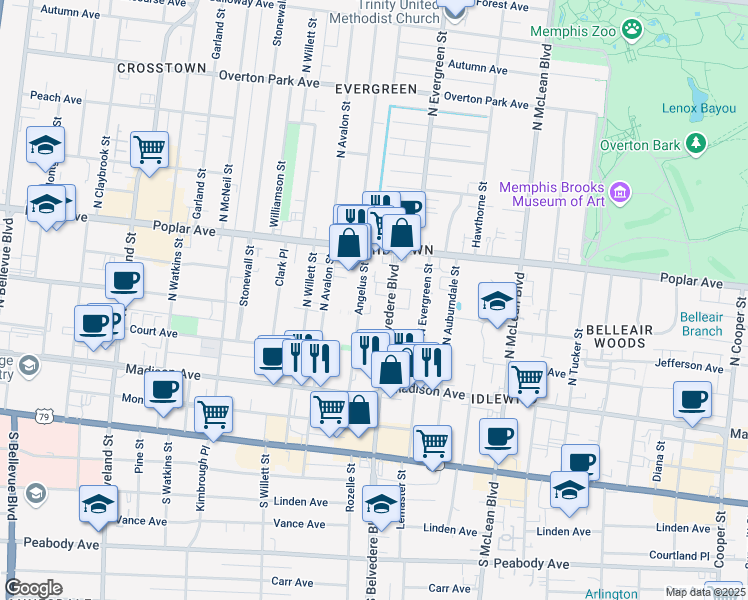 map of restaurants, bars, coffee shops, grocery stores, and more near 94 Angelus Street in Memphis