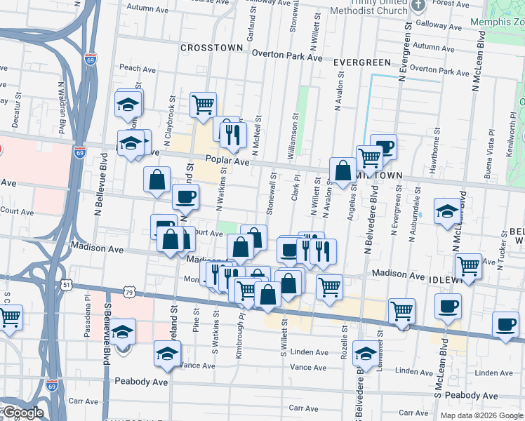 map of restaurants, bars, coffee shops, grocery stores, and more near 75 North McNeil Street in Memphis