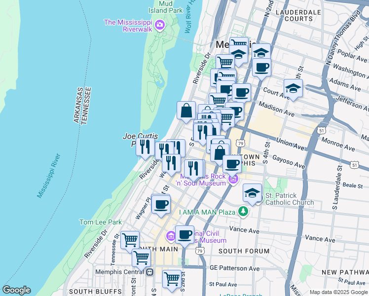 map of restaurants, bars, coffee shops, grocery stores, and more near 27 Beale Street in Memphis