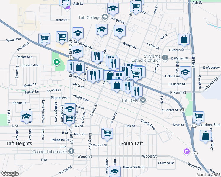 map of restaurants, bars, coffee shops, grocery stores, and more near 528 Main Street in Taft