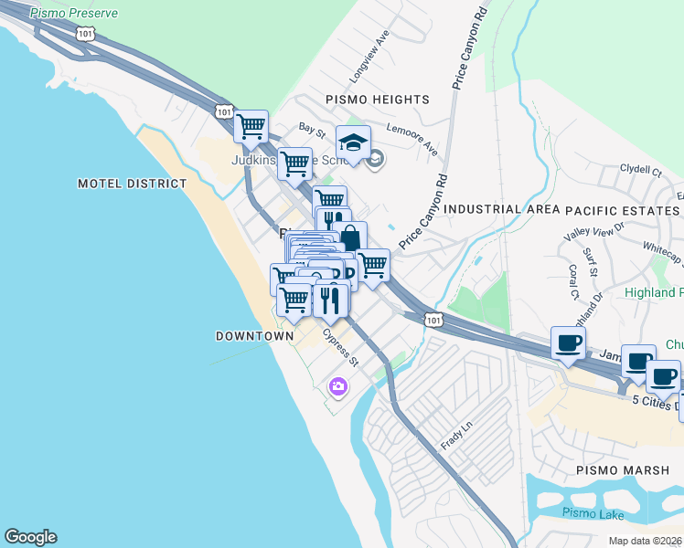 map of restaurants, bars, coffee shops, grocery stores, and more near 691 Price Street in Pismo Beach