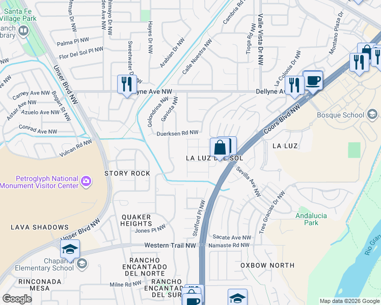 map of restaurants, bars, coffee shops, grocery stores, and more near 5528 Costa Uerde Road Northwest in Albuquerque