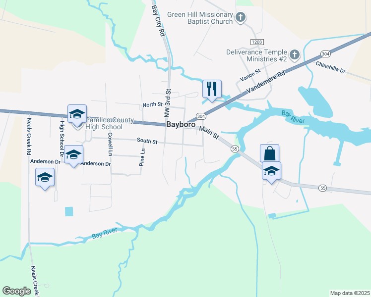 map of restaurants, bars, coffee shops, grocery stores, and more near 109 South Street in Bayboro