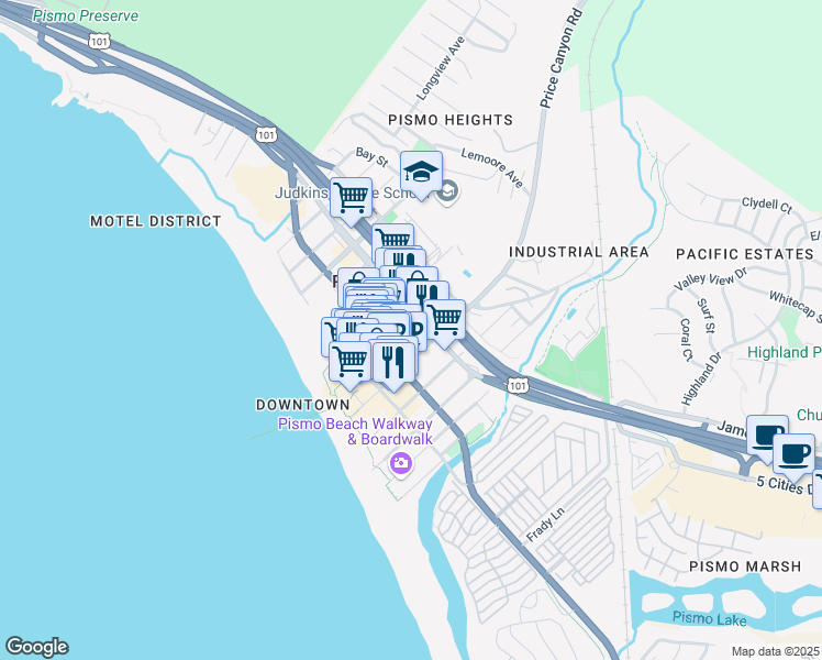map of restaurants, bars, coffee shops, grocery stores, and more near 691 Price Street in Pismo Beach
