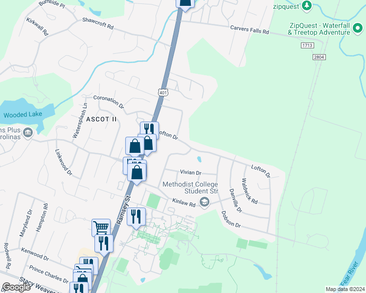 map of restaurants, bars, coffee shops, grocery stores, and more near 132 Lofton Drive in Fayetteville