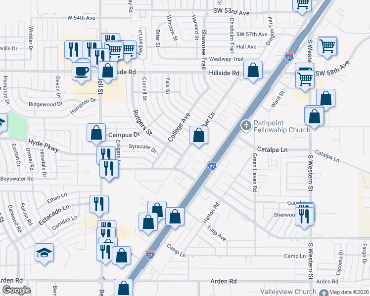 map of restaurants, bars, coffee shops, grocery stores, and more near 6310 Cornell Street in Amarillo