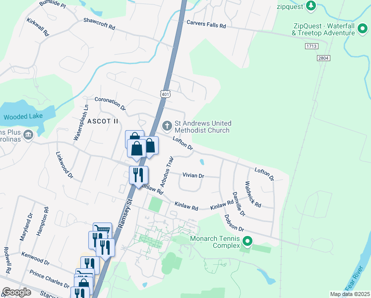 map of restaurants, bars, coffee shops, grocery stores, and more near 132 Lofton Drive in Fayetteville