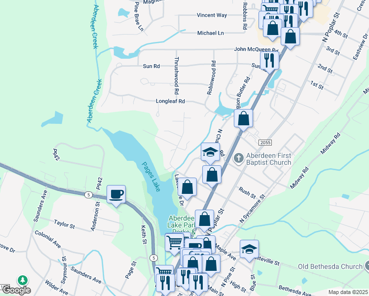 map of restaurants, bars, coffee shops, grocery stores, and more near 115 Fowler Place in Aberdeen