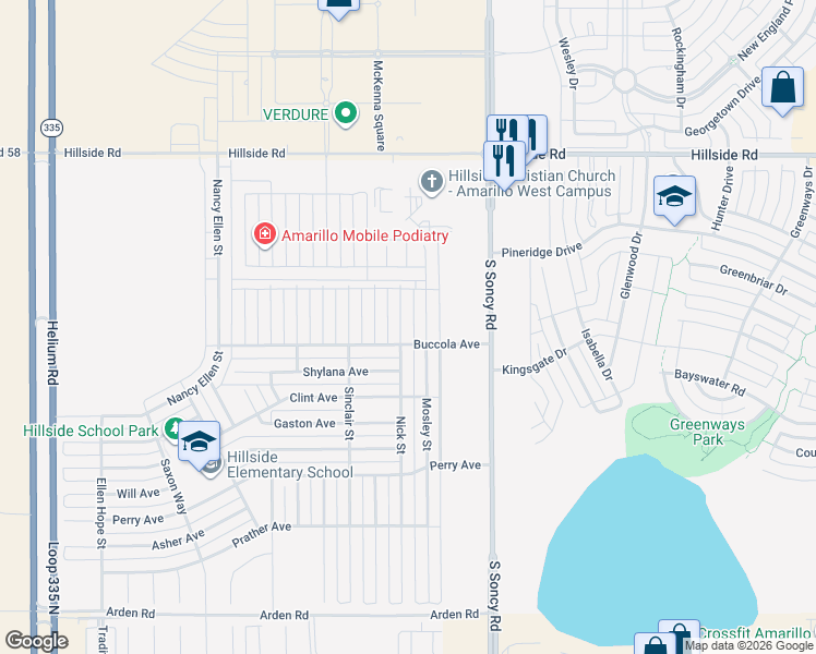 map of restaurants, bars, coffee shops, grocery stores, and more near 6407 Nick Street in Amarillo