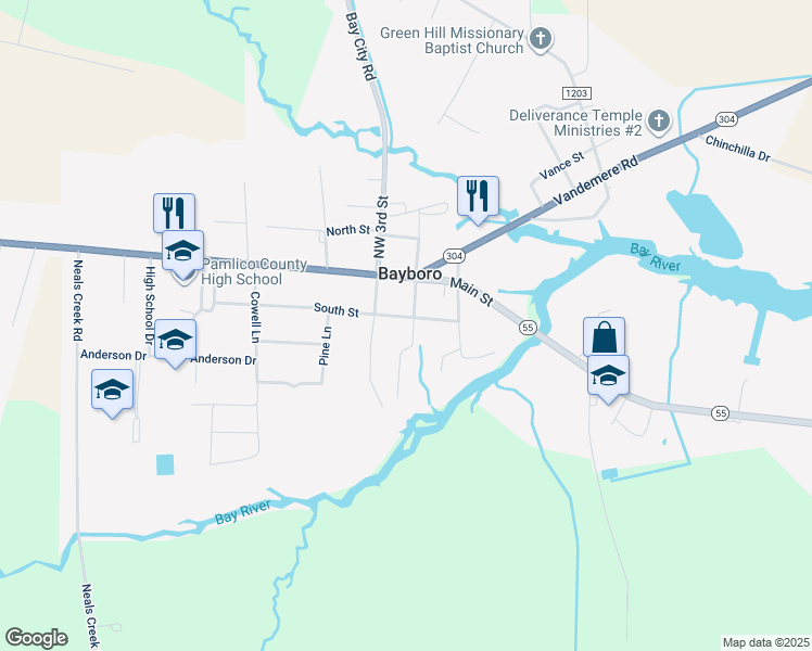 map of restaurants, bars, coffee shops, grocery stores, and more near 209 South Street in Bayboro