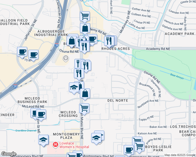 map of restaurants, bars, coffee shops, grocery stores, and more near 5320 San Mateo Boulevard Northeast in Albuquerque