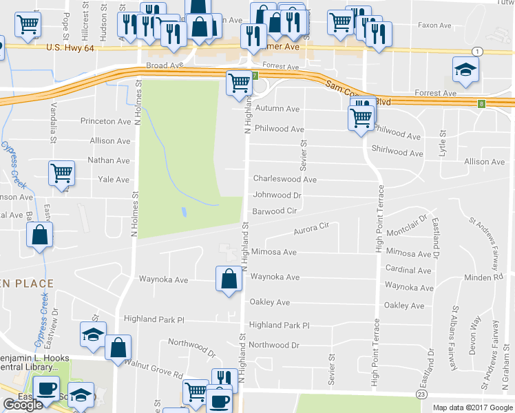 map of restaurants, bars, coffee shops, grocery stores, and more near 3518 Barwood Circle in Memphis