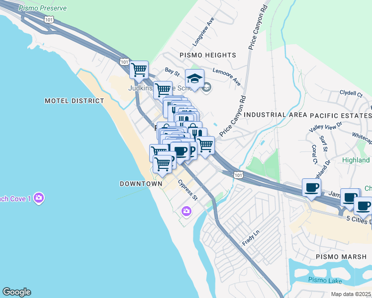 map of restaurants, bars, coffee shops, grocery stores, and more near 353 Pomeroy Avenue in Pismo Beach