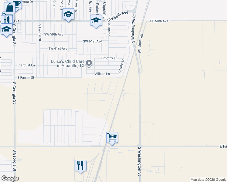 map of restaurants, bars, coffee shops, grocery stores, and more near 1401 Allison Lane in Amarillo