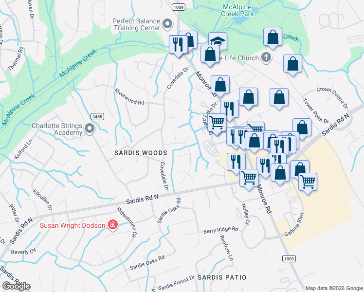 map of restaurants, bars, coffee shops, grocery stores, and more near 9404 Wenlock Circle in Charlotte