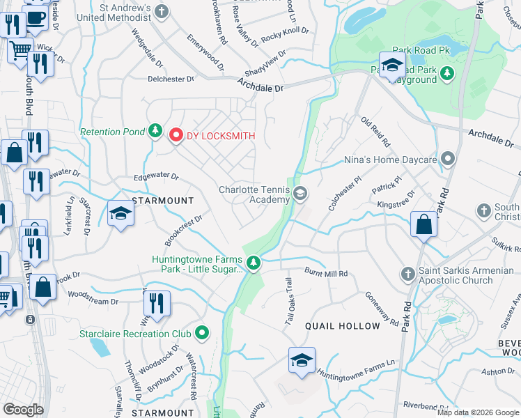 map of restaurants, bars, coffee shops, grocery stores, and more near 5222 Station Square Court in Charlotte