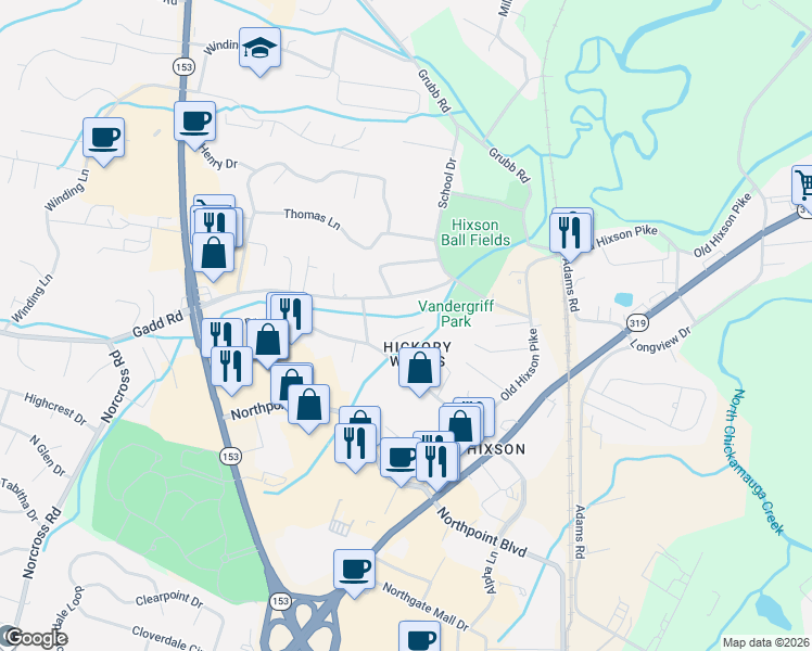 map of restaurants, bars, coffee shops, grocery stores, and more near 1314 Gadd Road in Chattanooga