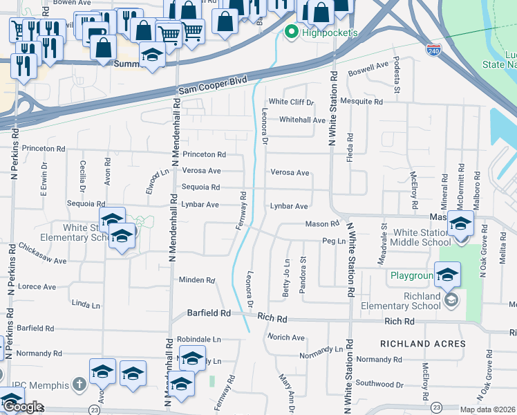 map of restaurants, bars, coffee shops, grocery stores, and more near 400 North Fernway Drive in Memphis
