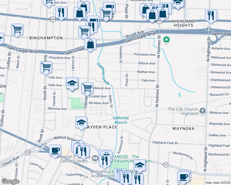 map of restaurants, bars, coffee shops, grocery stores, and more near 3092 Johnson Avenue in Memphis