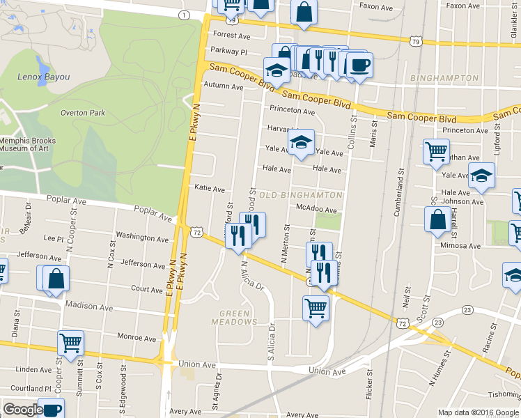 map of restaurants, bars, coffee shops, grocery stores, and more near 2485 Hollins Avenue in Memphis