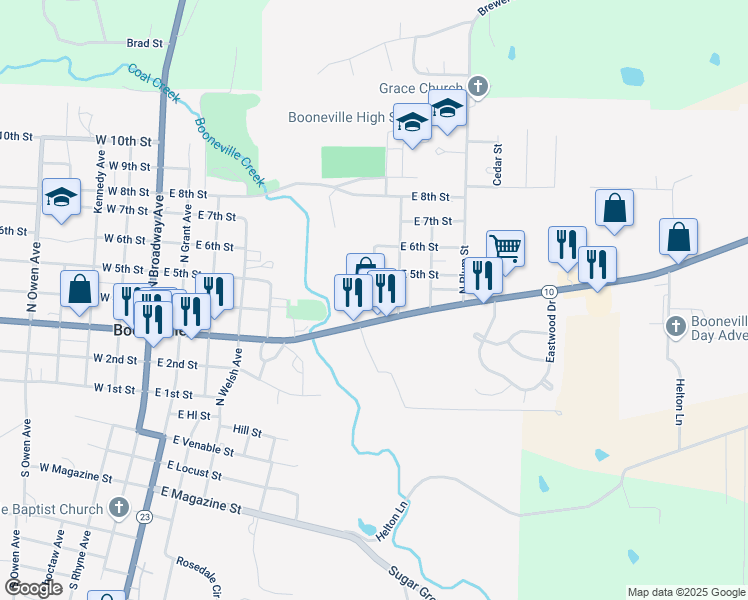 map of restaurants, bars, coffee shops, grocery stores, and more near 720 East 5th Street in Booneville