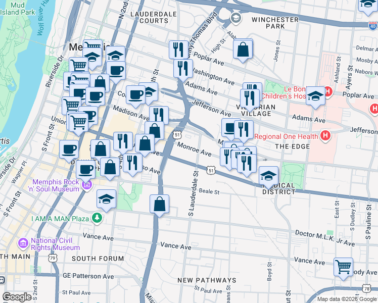 map of restaurants, bars, coffee shops, grocery stores, and more near 400 Monroe Avenue in Memphis