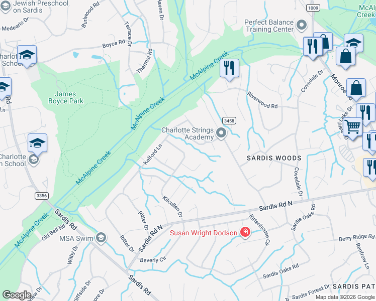 map of restaurants, bars, coffee shops, grocery stores, and more near 7434 Kilcullen Drive in Charlotte
