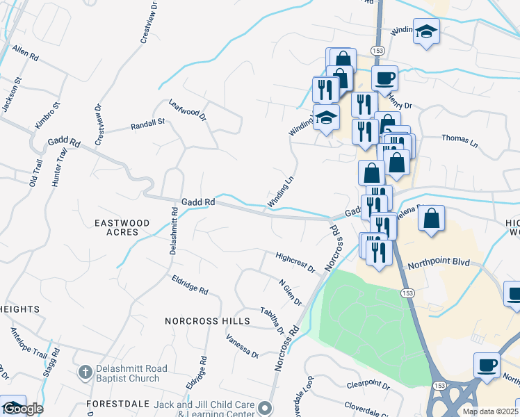 map of restaurants, bars, coffee shops, grocery stores, and more near 709 Gadd Road in Chattanooga