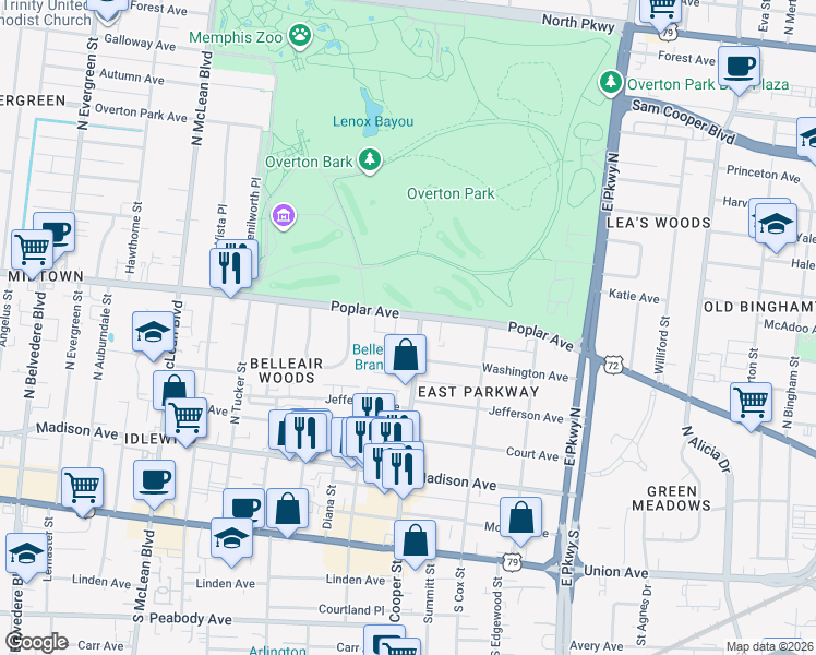 map of restaurants, bars, coffee shops, grocery stores, and more near 2121 Poplar Avenue in Memphis