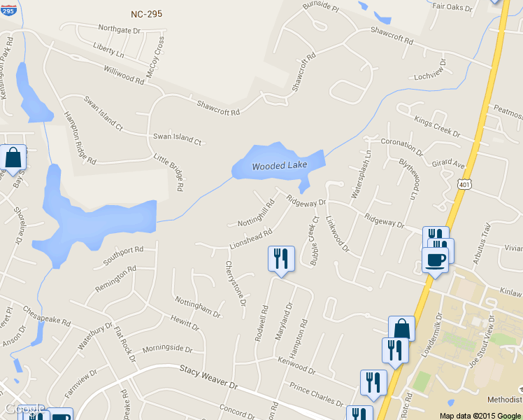 map of restaurants, bars, coffee shops, grocery stores, and more near 3228 Nottinghill Road in Fayetteville