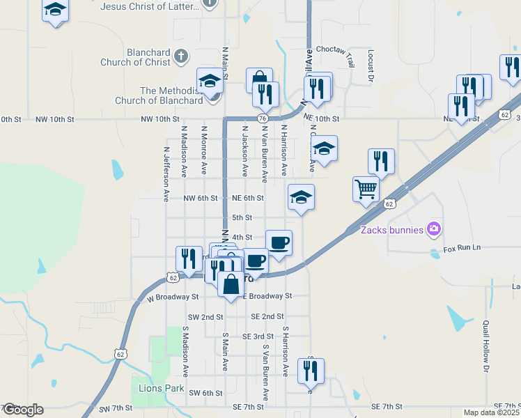 map of restaurants, bars, coffee shops, grocery stores, and more near 519 North Van Buren Avenue in Blanchard