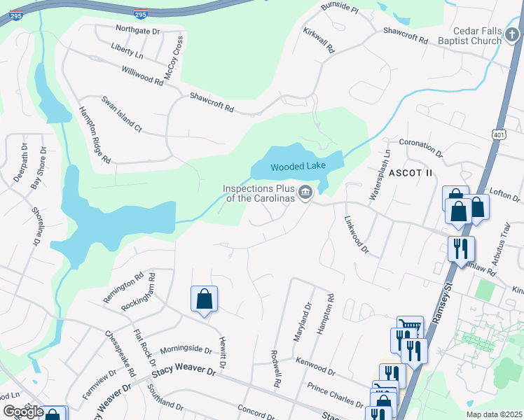 map of restaurants, bars, coffee shops, grocery stores, and more near 513 Rempstone Lane in Fayetteville