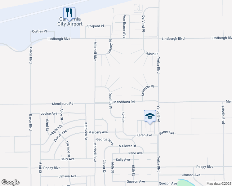 map of restaurants, bars, coffee shops, grocery stores, and more near 6605 Galland Court in California City