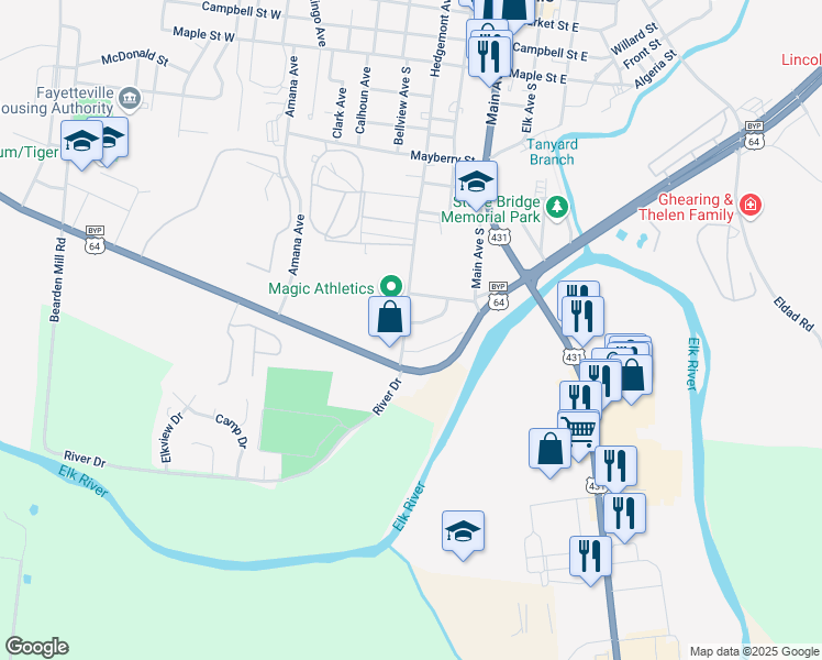 map of restaurants, bars, coffee shops, grocery stores, and more near 207 Sunset Drive in Fayetteville