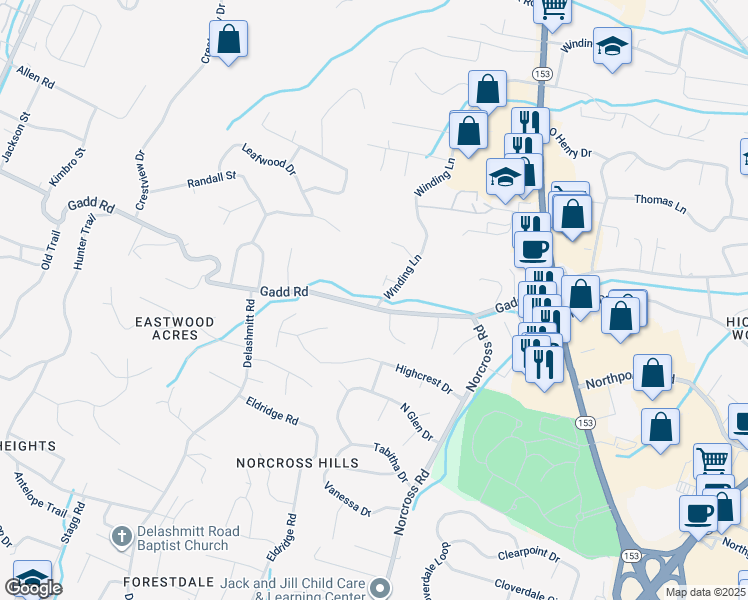 map of restaurants, bars, coffee shops, grocery stores, and more near 709 Gadd Road in Chattanooga