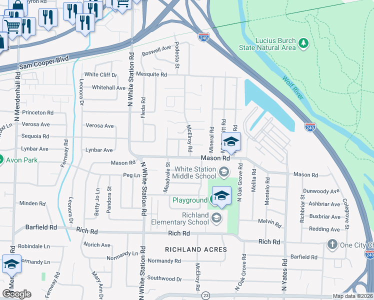 map of restaurants, bars, coffee shops, grocery stores, and more near 398 McElroy Road in Memphis