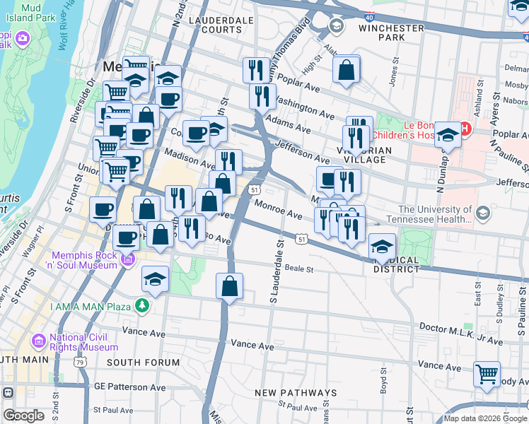 map of restaurants, bars, coffee shops, grocery stores, and more near 400 Monroe Avenue in Memphis