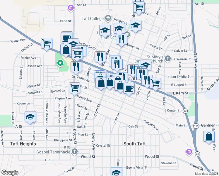 map of restaurants, bars, coffee shops, grocery stores, and more near 214 6th Street in Taft