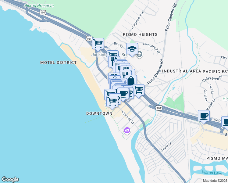 map of restaurants, bars, coffee shops, grocery stores, and more near 801 Dolliver Street in Pismo Beach