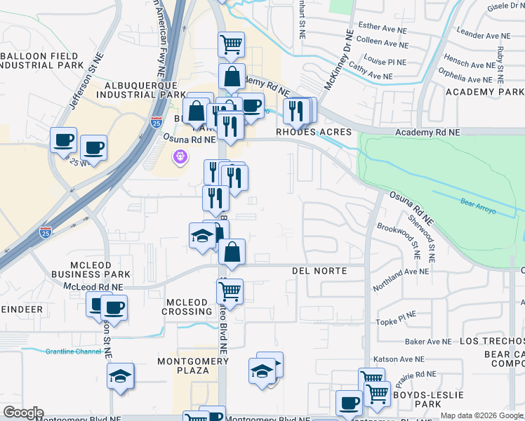 map of restaurants, bars, coffee shops, grocery stores, and more near 5412 San Mateo Boulevard Northeast in Albuquerque