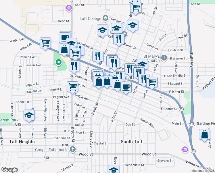 map of restaurants, bars, coffee shops, grocery stores, and more near 214 6th Street in Taft