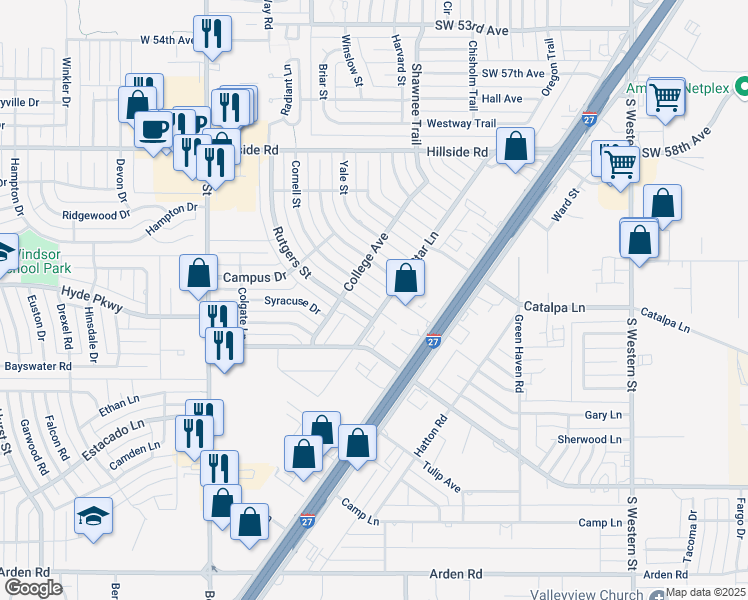 map of restaurants, bars, coffee shops, grocery stores, and more near 6305 Cornell Street in Amarillo