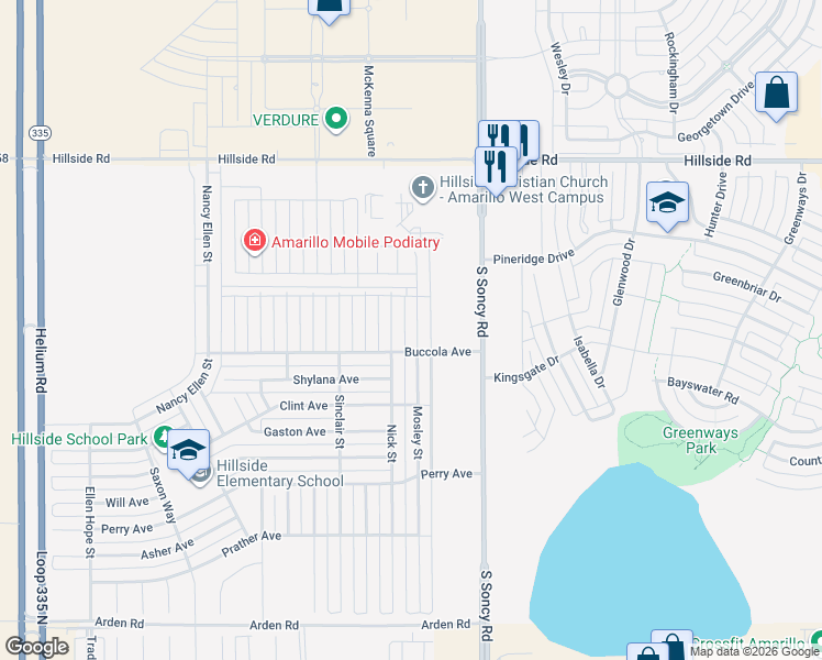map of restaurants, bars, coffee shops, grocery stores, and more near 6407 Nick Street in Amarillo