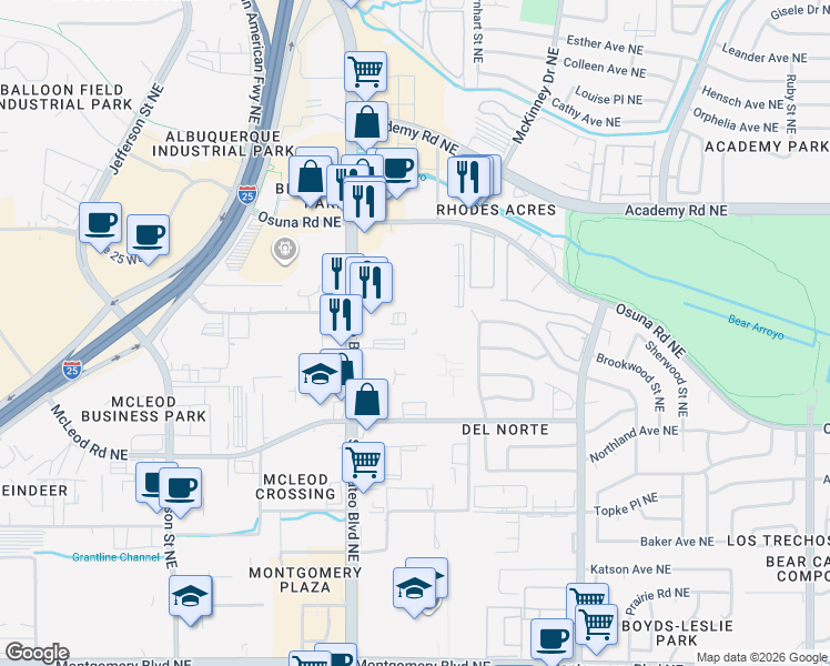 map of restaurants, bars, coffee shops, grocery stores, and more near 5412 San Mateo Boulevard Northeast in Albuquerque