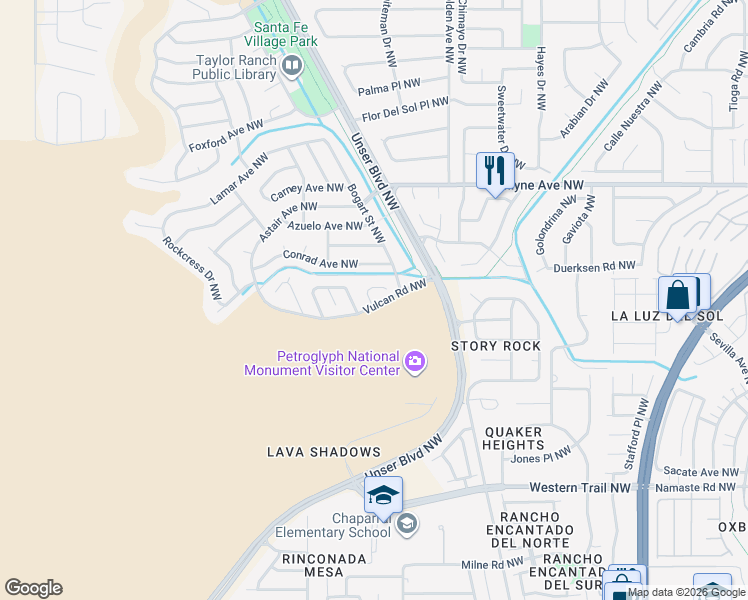map of restaurants, bars, coffee shops, grocery stores, and more near 6417 Ja Court Northwest in Albuquerque
