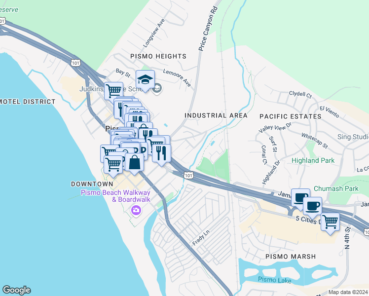 map of restaurants, bars, coffee shops, grocery stores, and more near 491 Bello Street in Pismo Beach