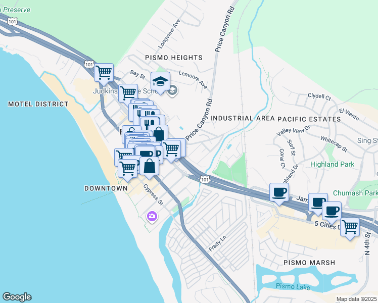 map of restaurants, bars, coffee shops, grocery stores, and more near 585 Bello Street in Pismo Beach