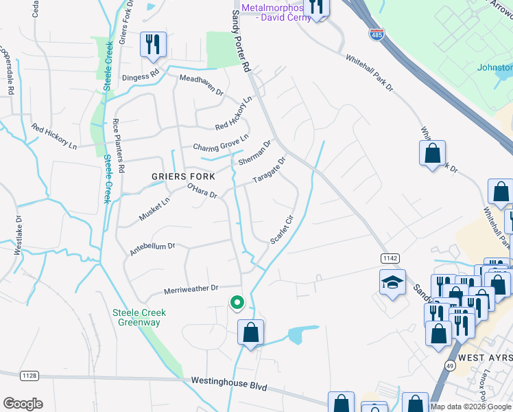 map of restaurants, bars, coffee shops, grocery stores, and more near 2511 Scarlet Circle in Charlotte