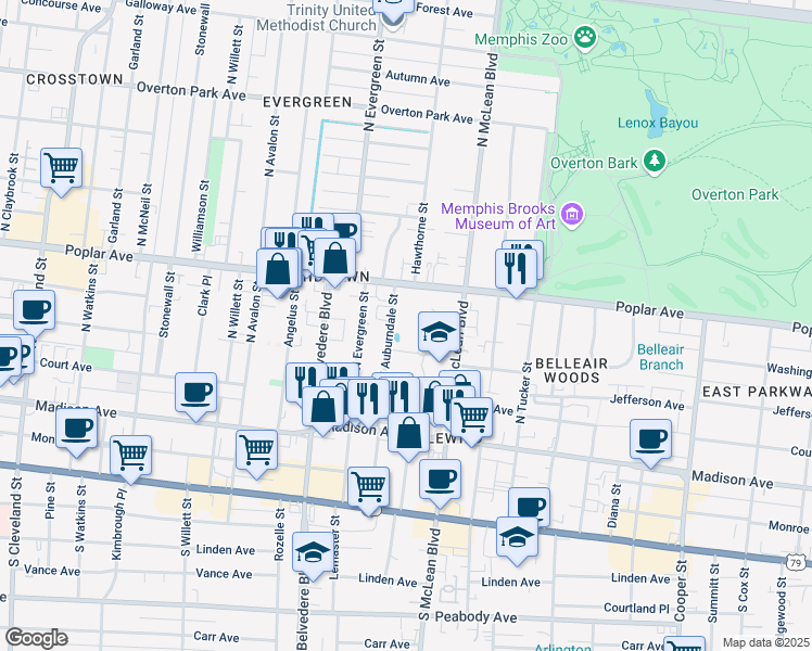 map of restaurants, bars, coffee shops, grocery stores, and more near 108 North Auburndale Street in Memphis