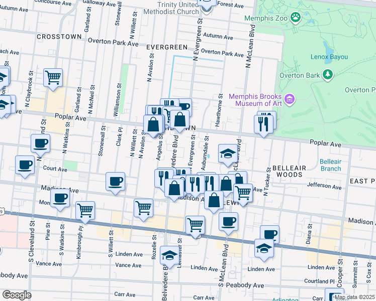 map of restaurants, bars, coffee shops, grocery stores, and more near 151 North Evergreen Street in Memphis
